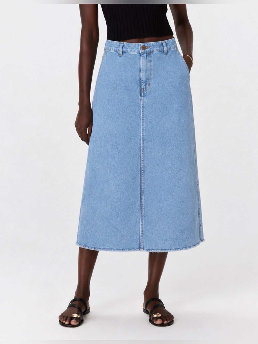 Wrangler Light Wash Blue Denim A-Line Midi Skirt Raw Hem Side Pockets Size M